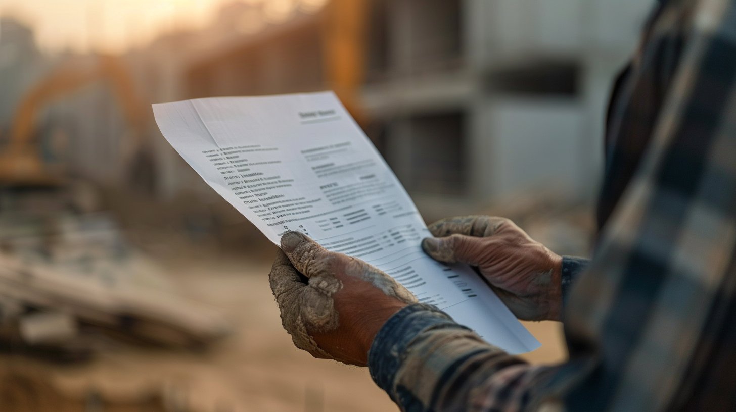 Construction worker holding and reviewing blueprint or document on job site