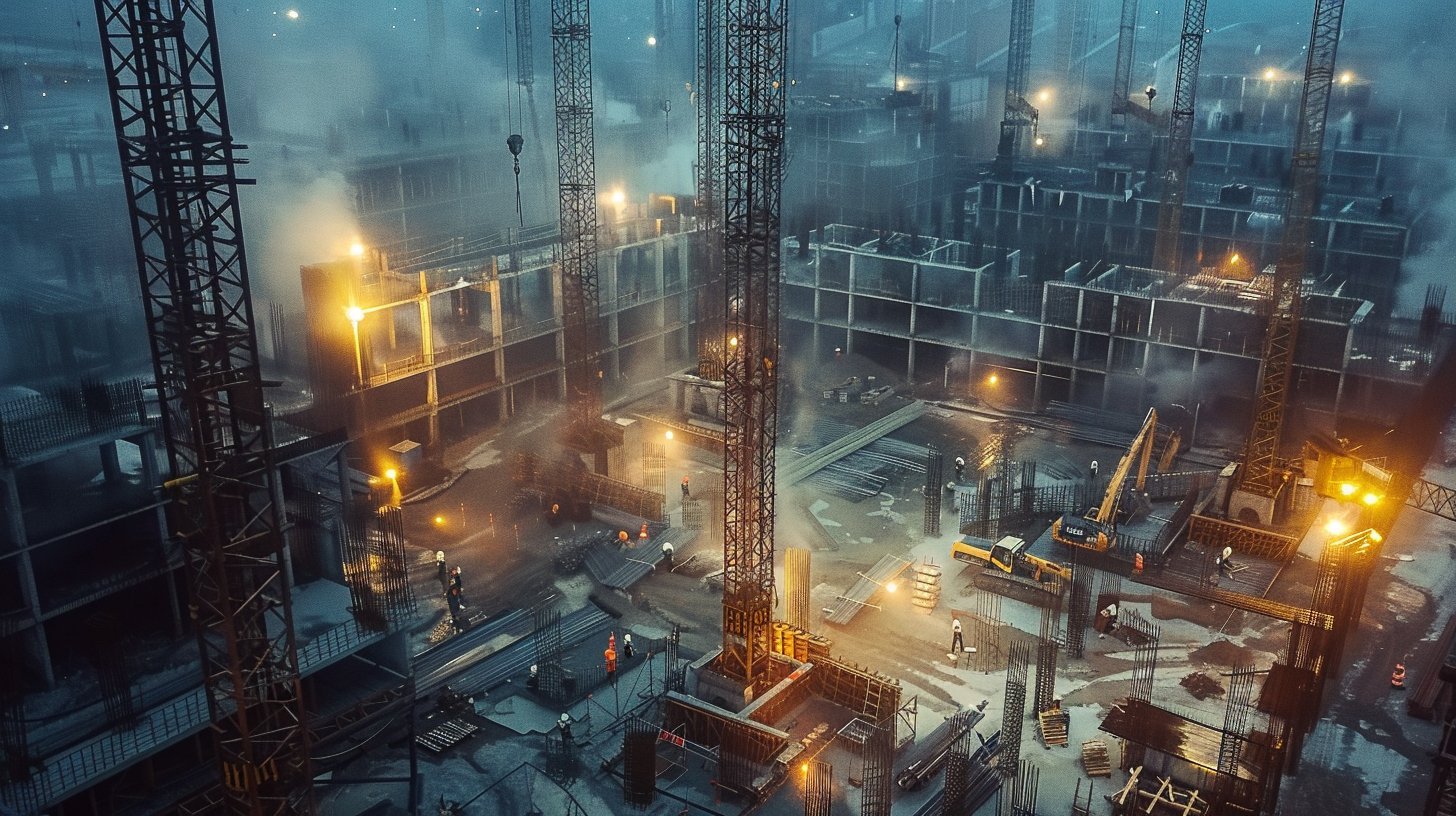 Aerial view of a construction site at dusk with illuminated cranes, steel framework, and work lights amid fog and mist