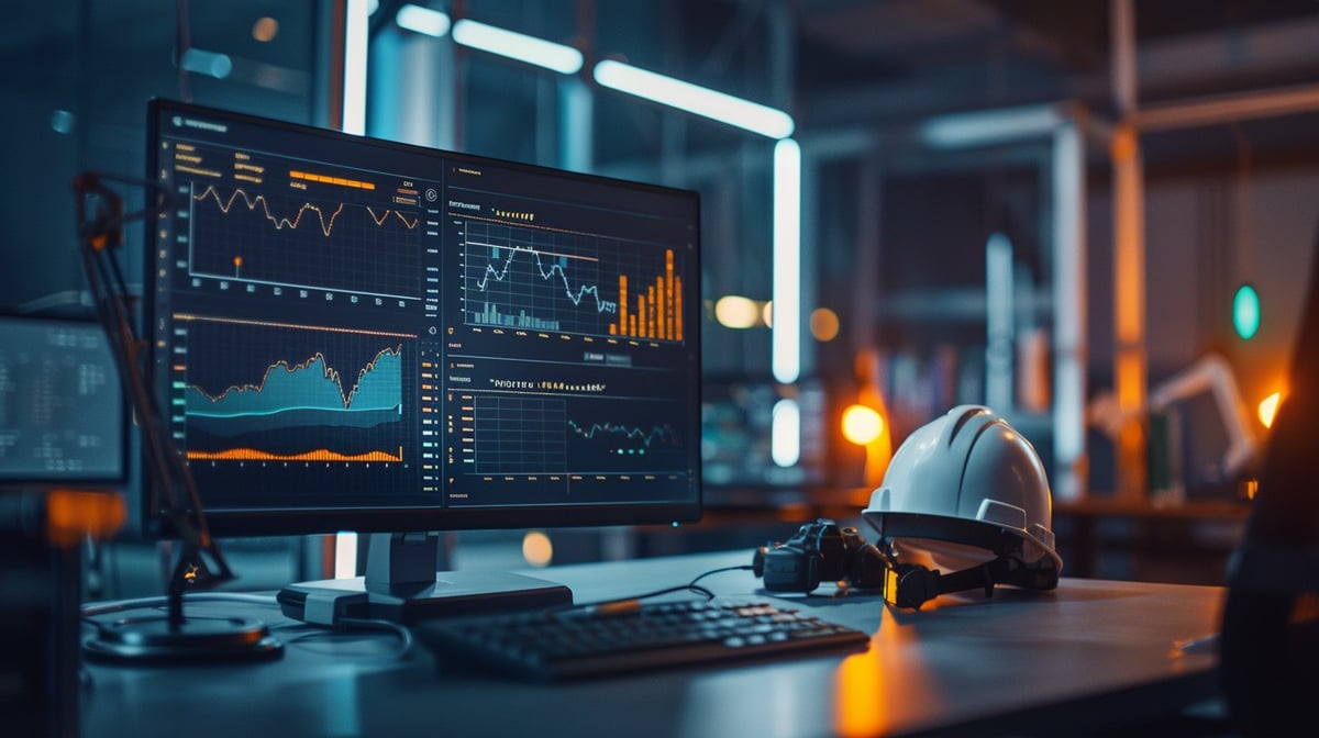 Monitor displaying data analytics and charts on a desk with a hard hat, in a modern industrial workspace with blue and orange lighting