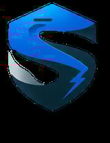 Blue and teal shield logo with lightning bolt design, depicting speed and security